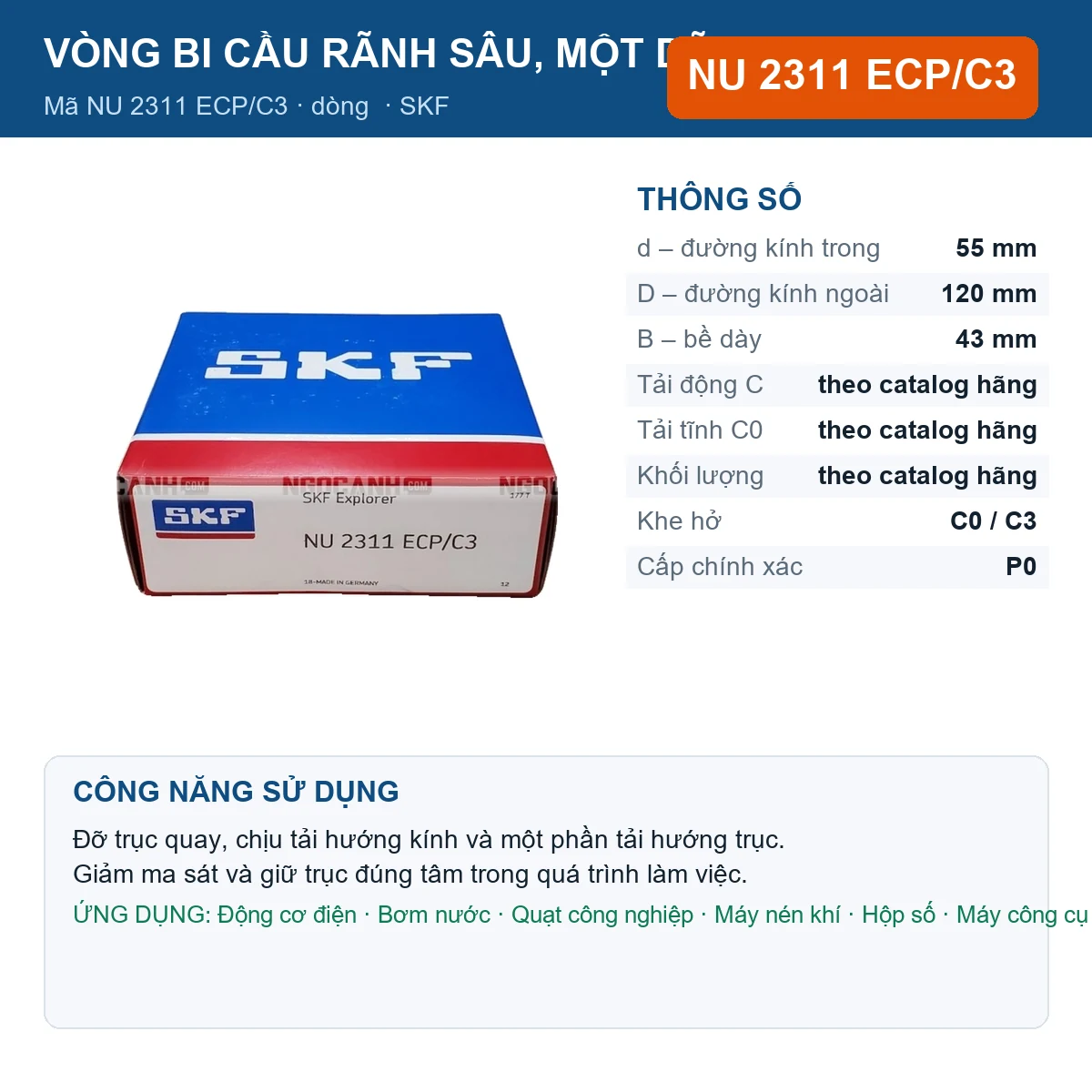 Vòng bi SKF NU 2311 ECP/C3 — kích thước 55x120x43mm