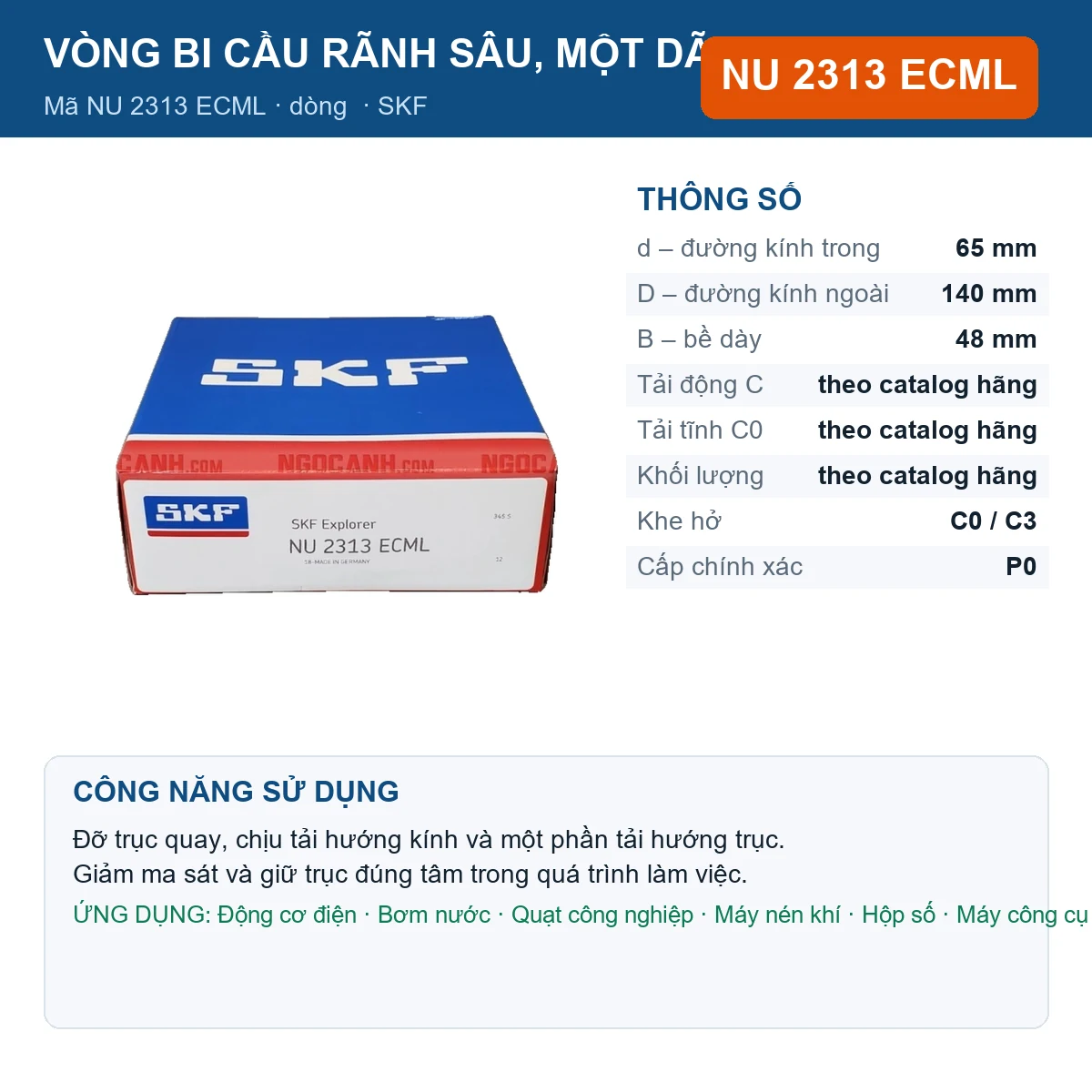 Vòng bi SKF NU 2313 ECML — kích thước 65x140x48mm