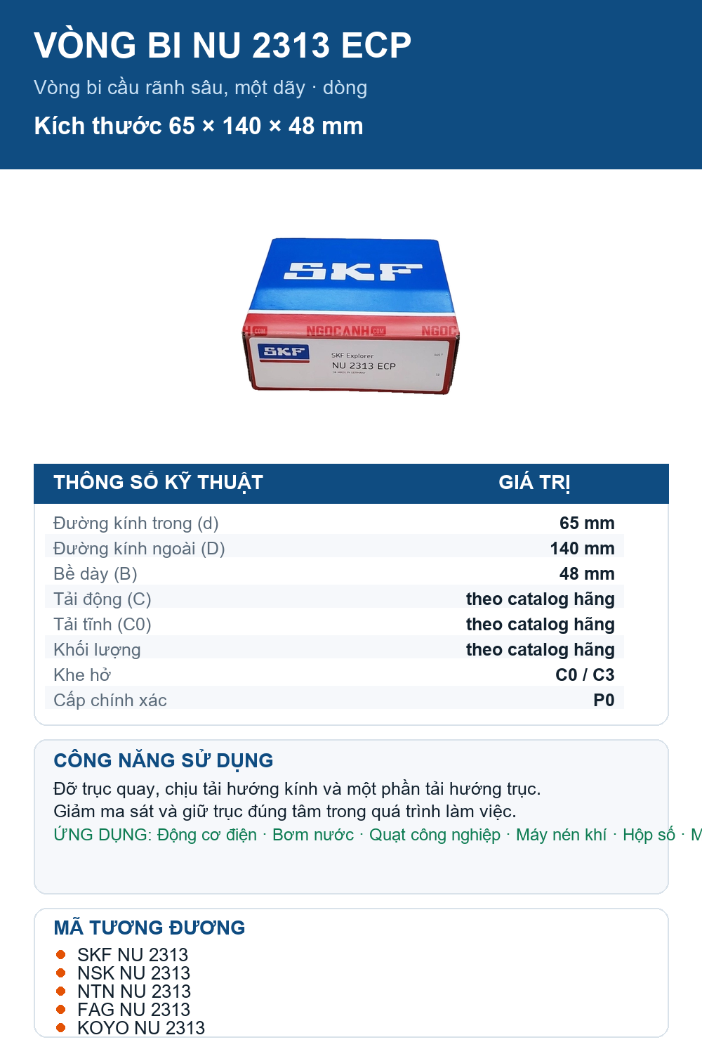 Vòng bi SKF NU 2313 ECP 65x140x48mm — Ảnh thông số (Pinterest)