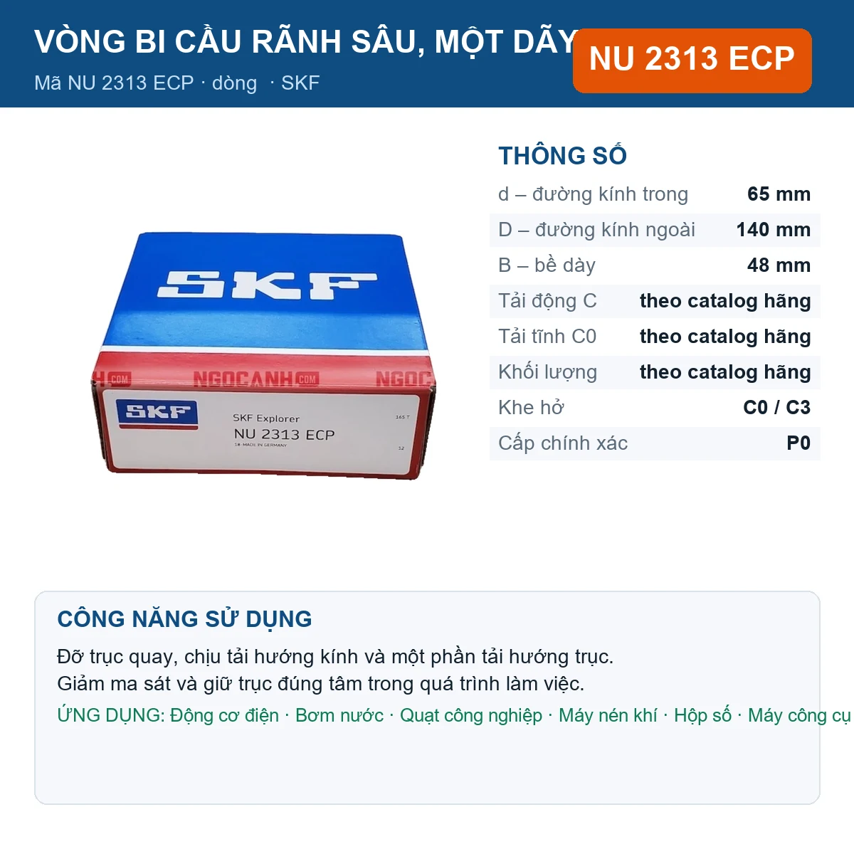 Vòng bi SKF NU 2313 ECP — kích thước 65x140x48mm
