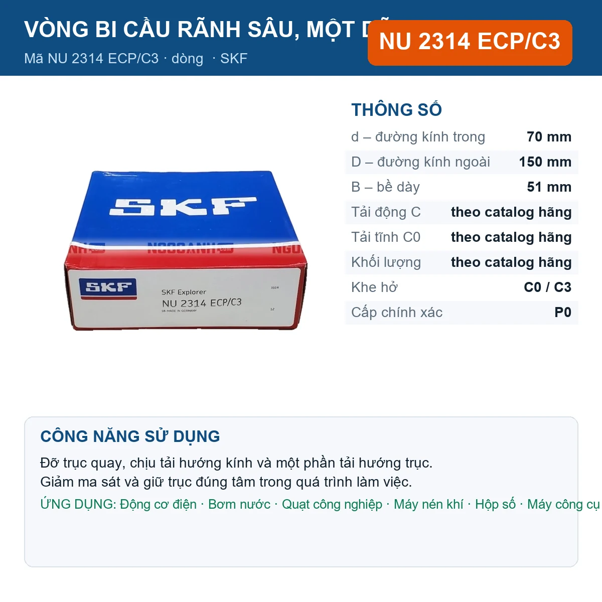 Vòng bi SKF NU 2314 ECP/C3 — kích thước 70x150x51mm