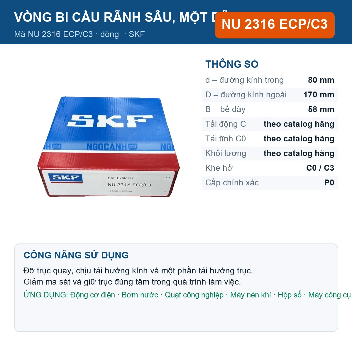 Vòng bi SKF NU 2316 ECP/C3 — kích thước 80x170x58mm