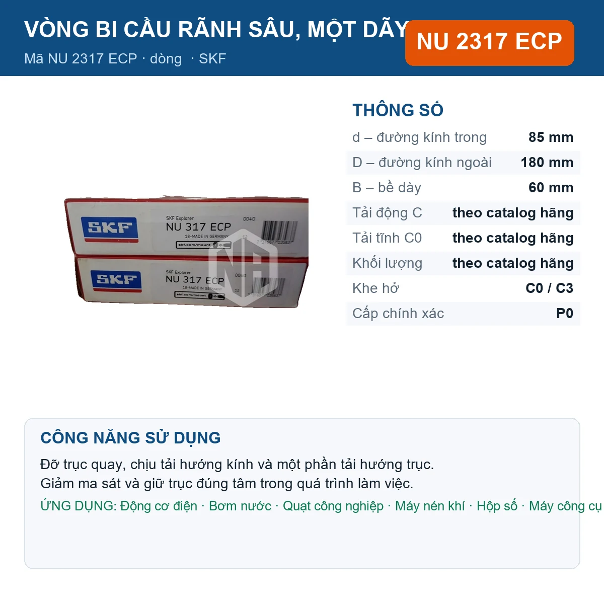Vòng bi SKF NU 2317 ECP — kích thước 85x180x60mm