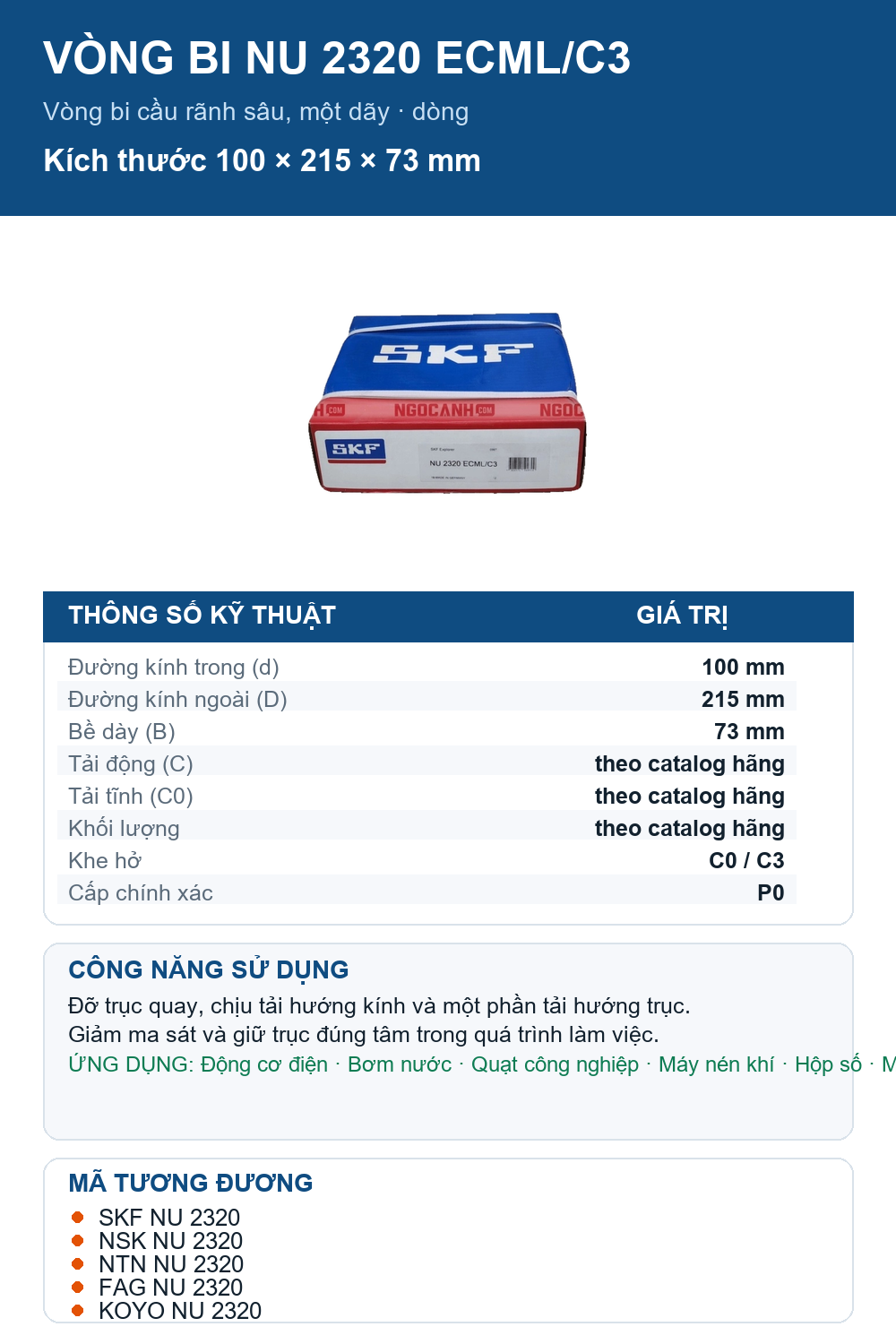 Vòng bi SKF NU 2320 ECML/C3 100x215x73mm — Ảnh thông số (Pinterest)
