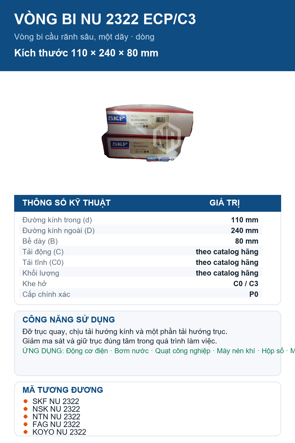 Vòng bi SKF NU 2322 ECP/C3 110x240x80mm — Ảnh thông số (Pinterest)