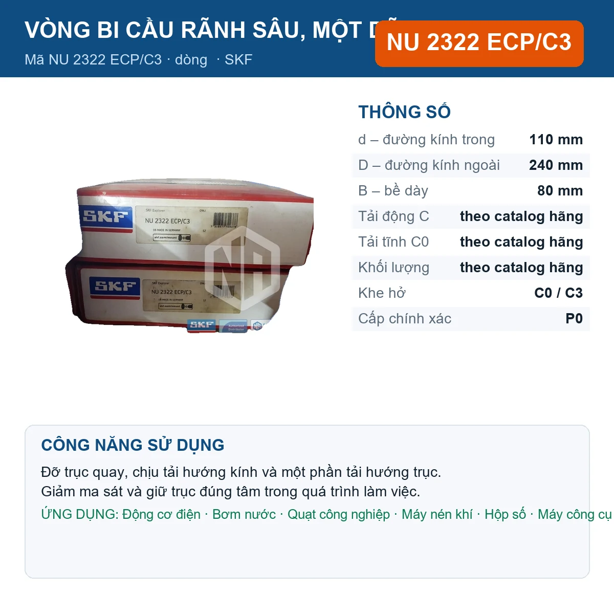 Vòng bi SKF NU 2322 ECP/C3 — kích thước 110x240x80mm