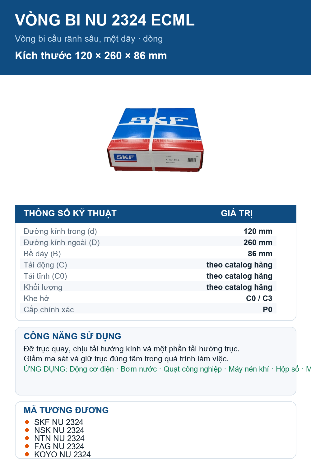 Vòng bi SKF NU 2324 ECML 120x260x86mm — Ảnh thông số (Pinterest)