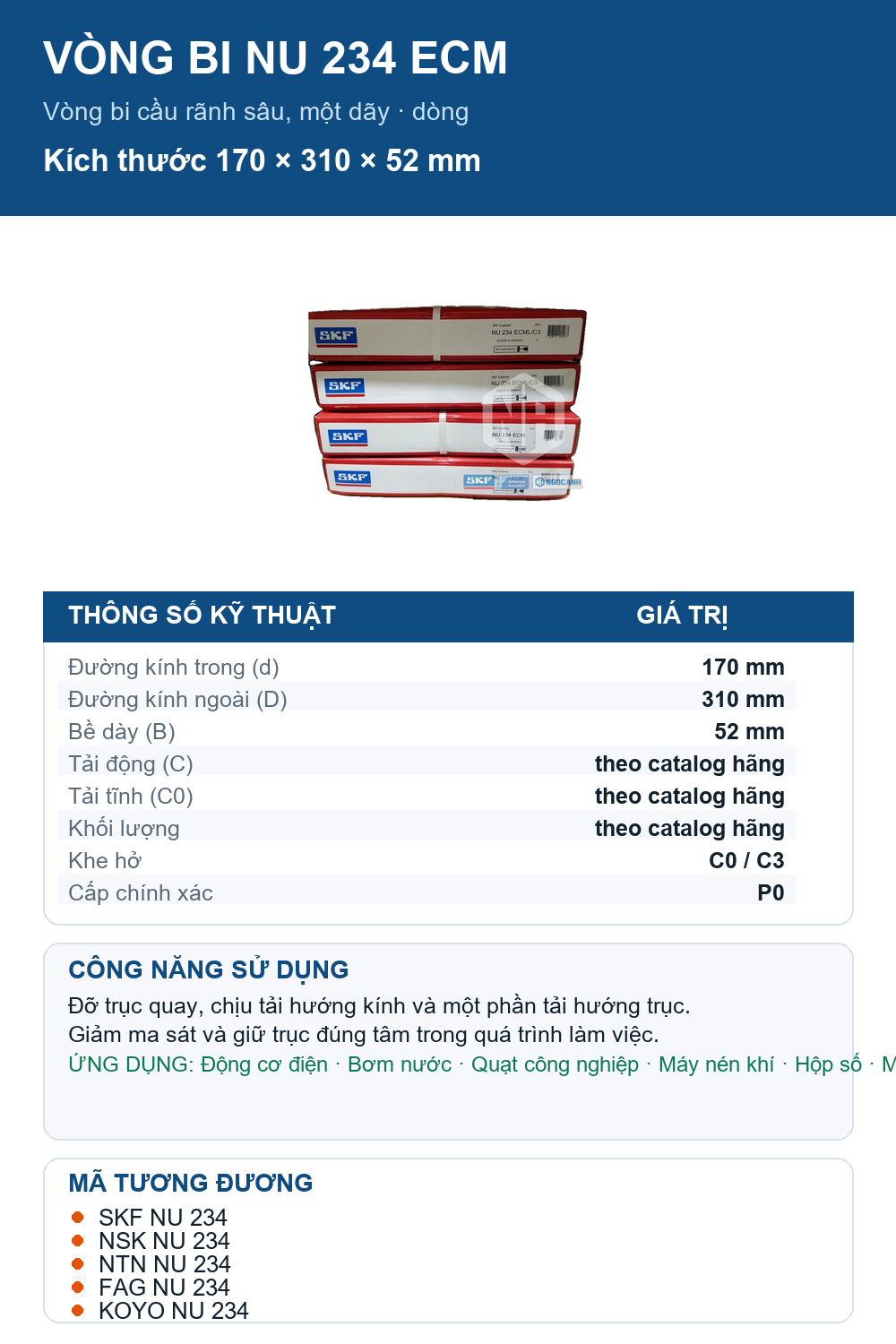 Vòng bi SKF NU 234 ECM 170x310x52mm — Ảnh thông số (Pinterest)