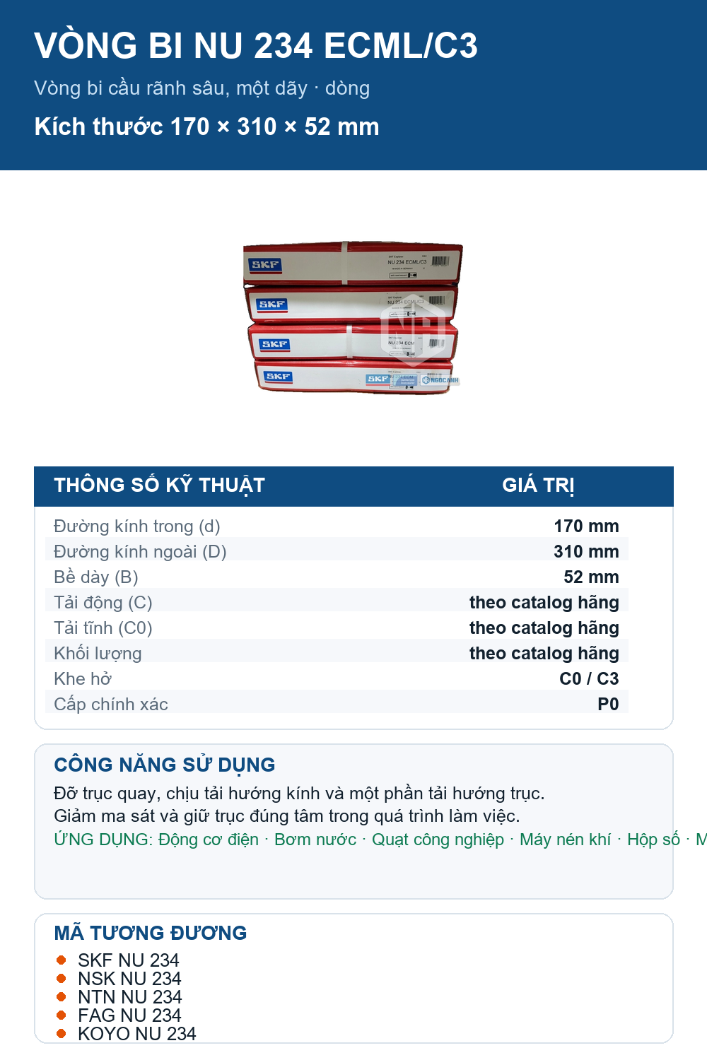 Vòng bi SKF NU 234 ECML/C3 170x310x52mm — Ảnh thông số (Pinterest)