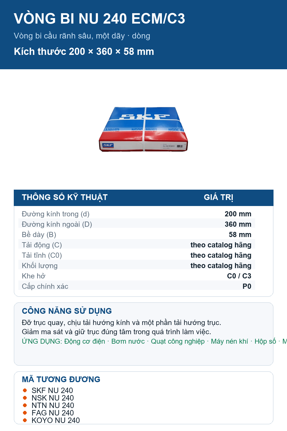 Vòng bi SKF NU 240 ECM/C3 200x360x58mm — Ảnh thông số (Pinterest)