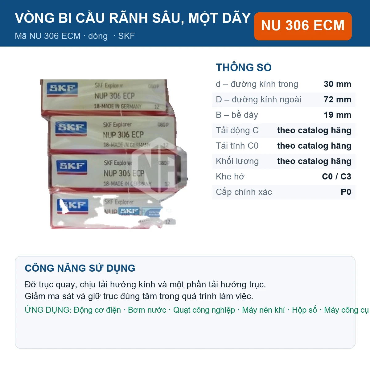 Vòng bi SKF NU 306 ECM — kích thước 30x72x19mm