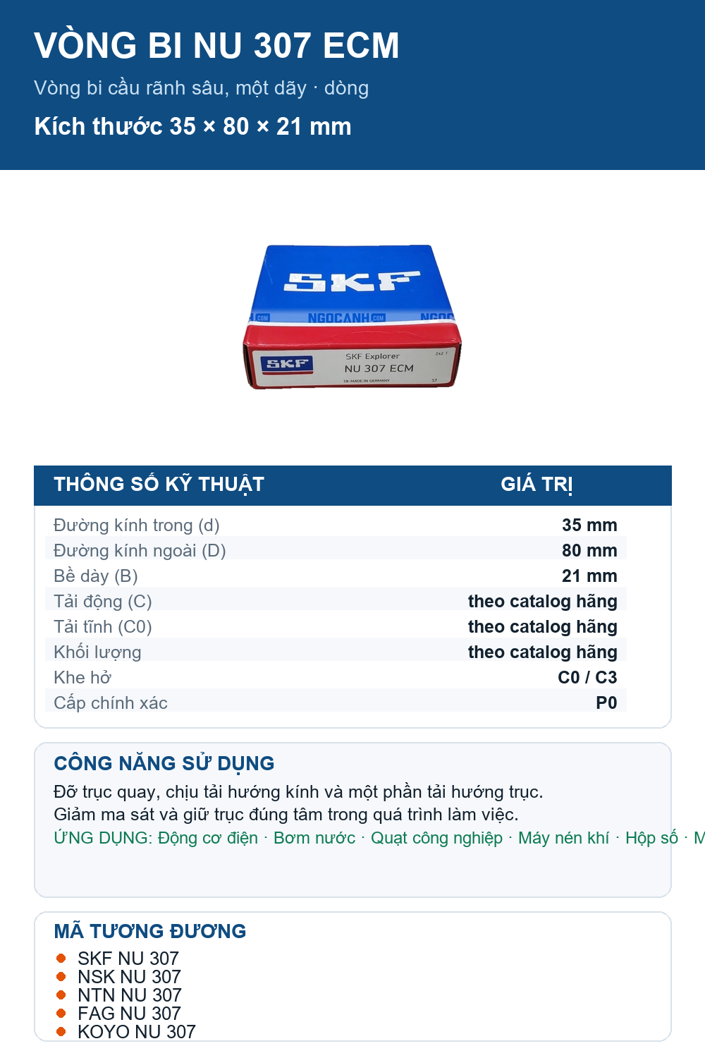 Vòng bi SKF NU 307 ECM 35x80x21mm — Ảnh thông số (Pinterest)