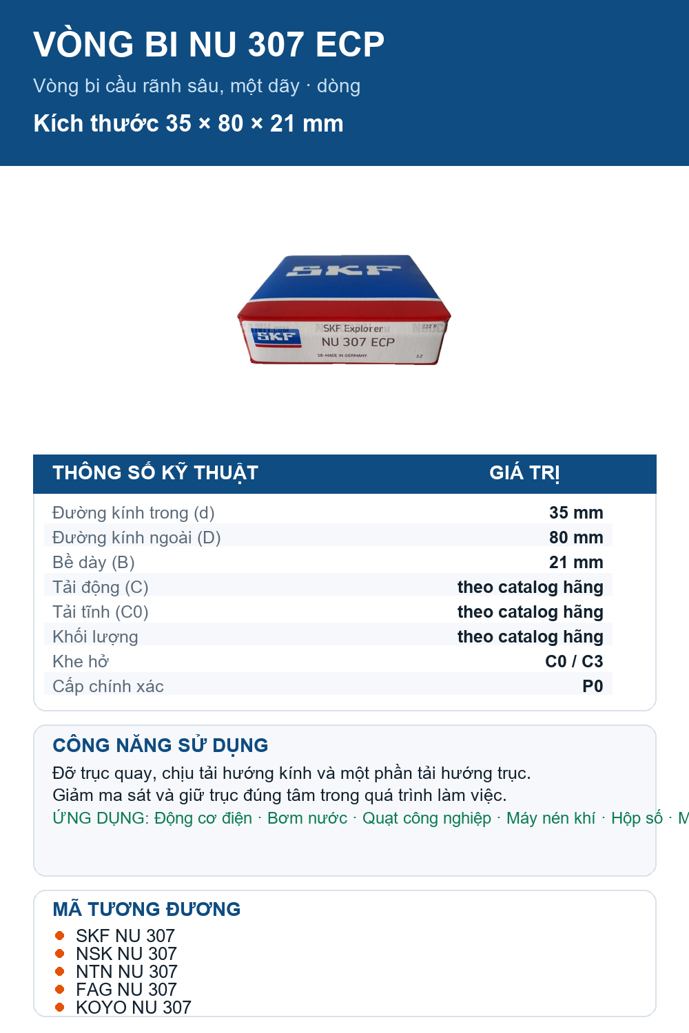 Vòng bi SKF NU 307 ECP 35x80x21mm — Ảnh thông số (Pinterest)