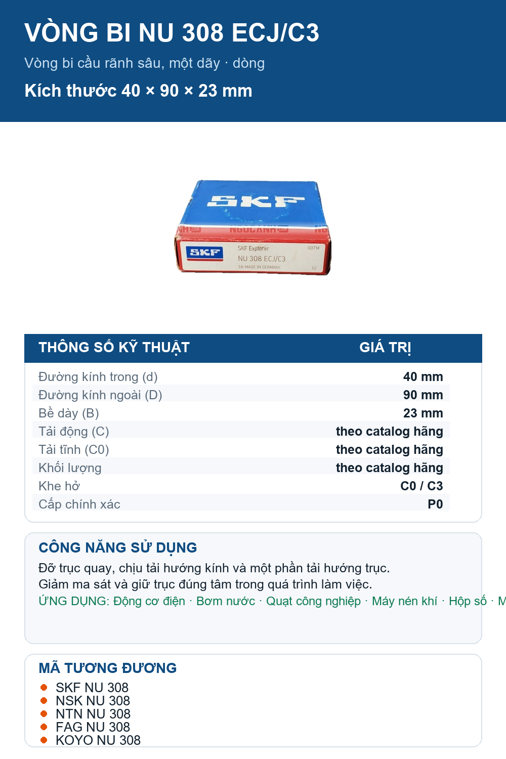 Vòng bi SKF NU 308 ECJ/C3 40x90x23mm — Ảnh thông số (Pinterest)