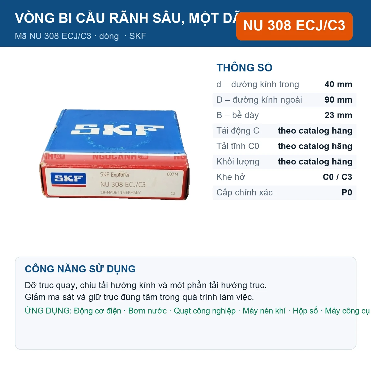 Vòng bi SKF NU 308 ECJ/C3 — kích thước 40x90x23mm