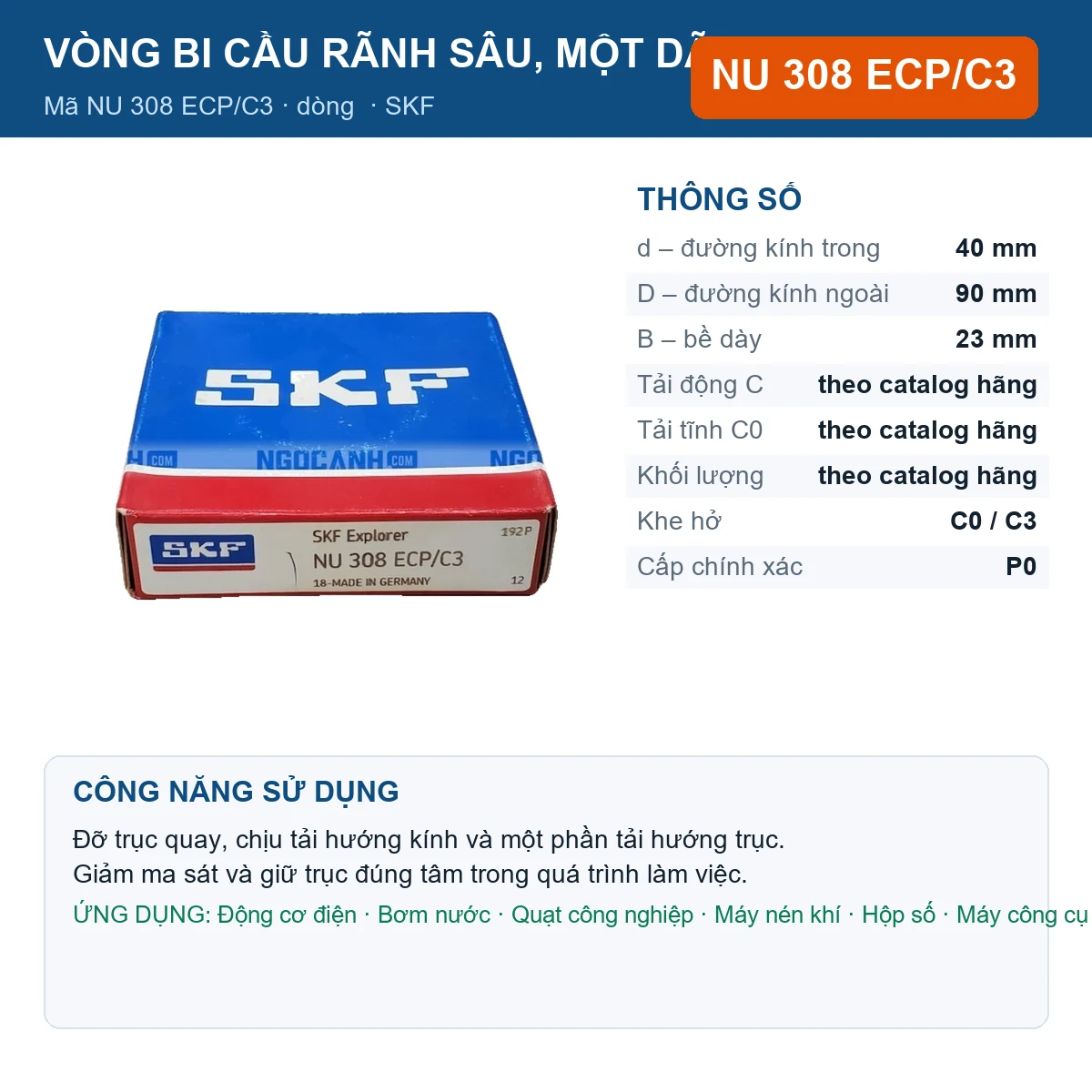Vòng bi SKF NU 308 ECP/C3 — kích thước 40x90x23mm