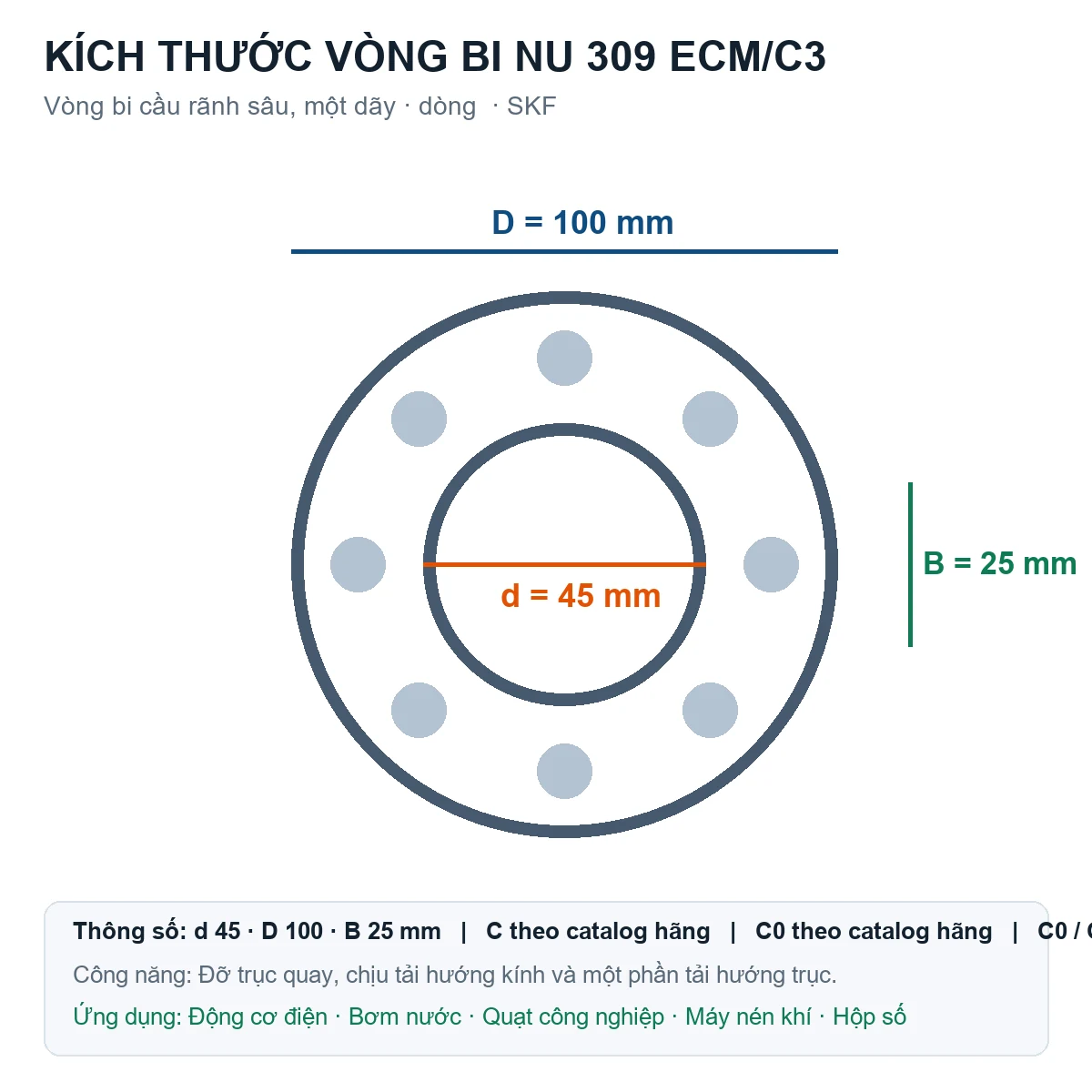 Vòng bi SKF NU 309 ECM/C3 45x100x25mm — Bản vẽ kích thước (Google Images)