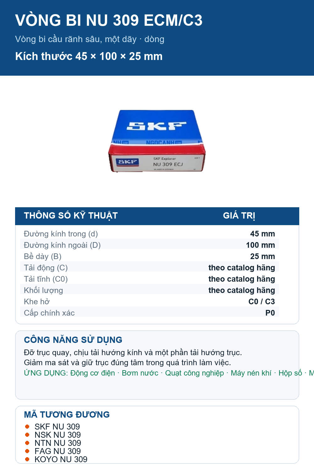 Vòng bi SKF NU 309 ECM/C3 45x100x25mm — Ảnh thông số (Pinterest)