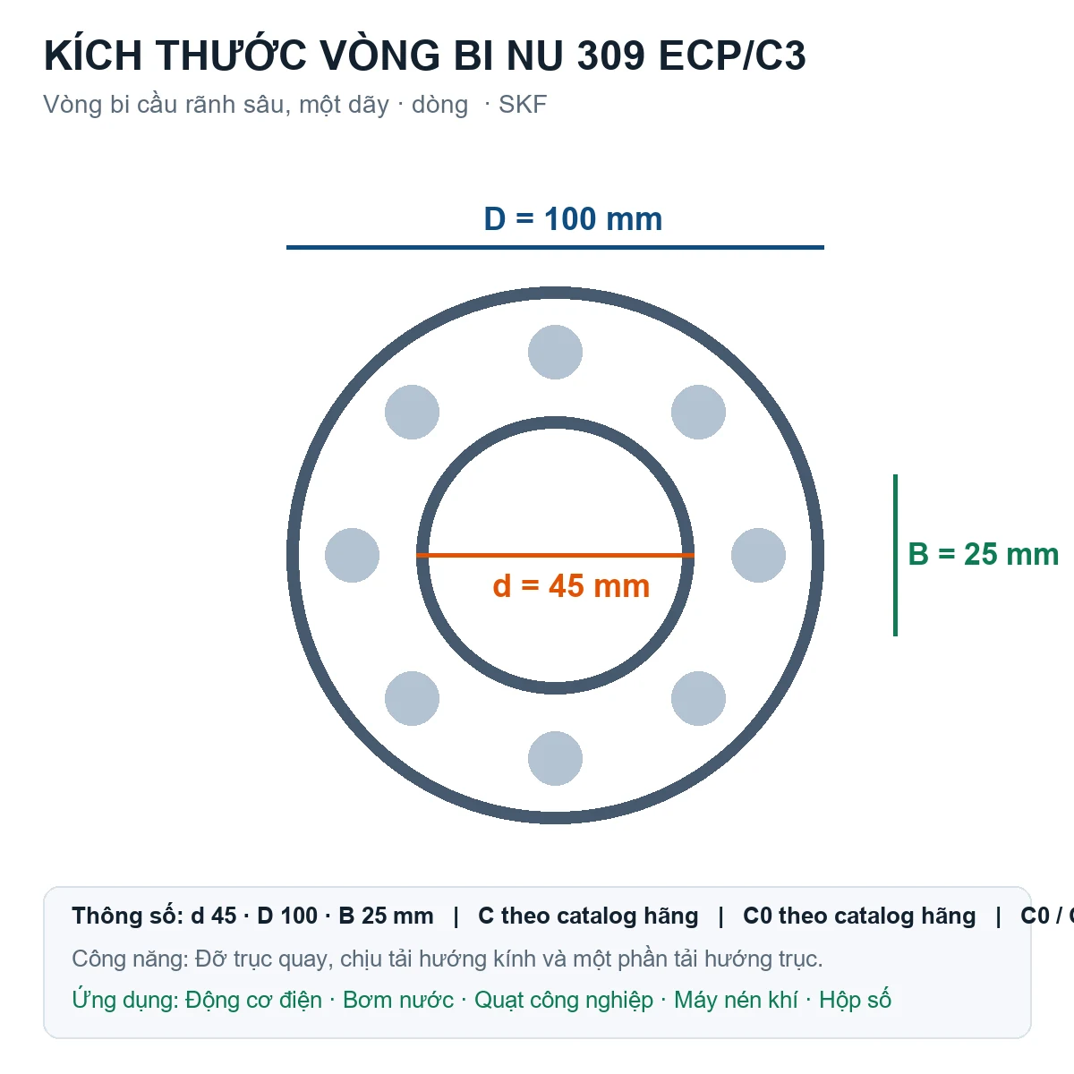 Vòng bi SKF NU 309 ECP/C3 45x100x25mm — Bản vẽ kích thước (Google Images)