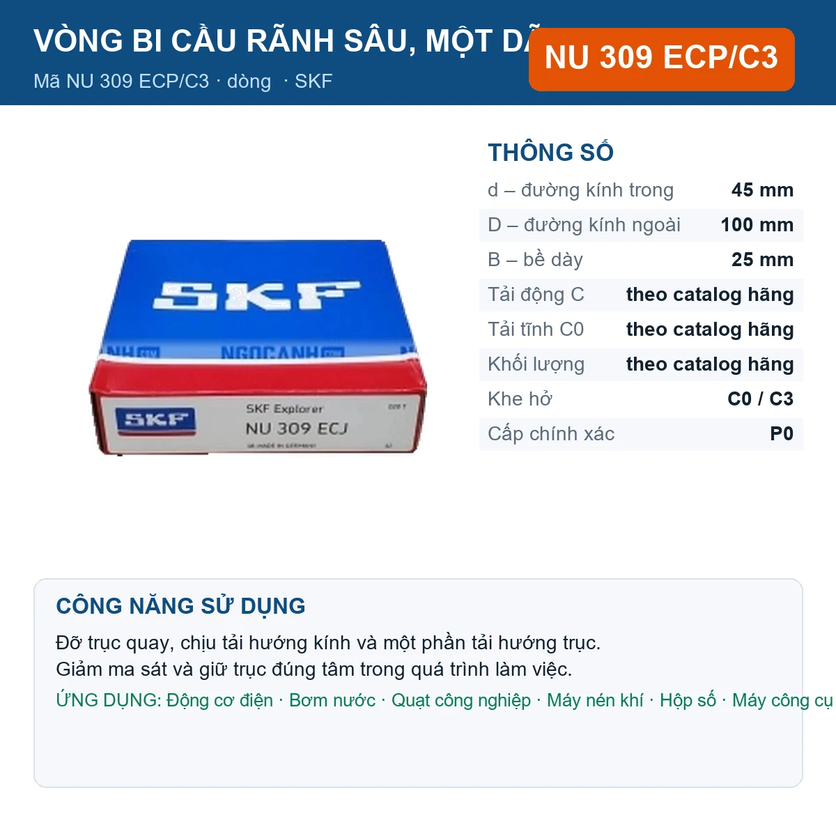 Vòng bi SKF NU 309 ECP/C3 — kích thước 45x100x25mm