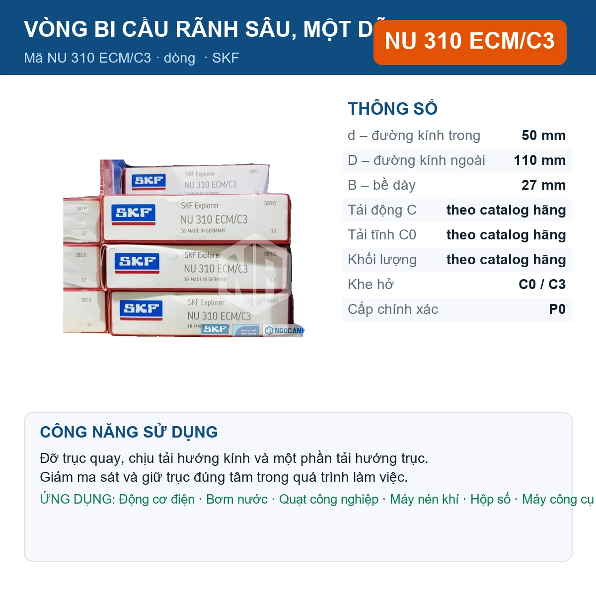 Vòng bi SKF NU 310 ECM/C3 — kích thước 50x110x27mm