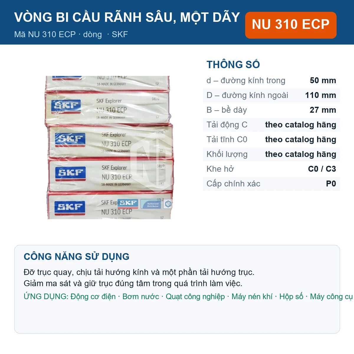 Vòng bi SKF NU 310 ECP — kích thước 50x110x27mm
