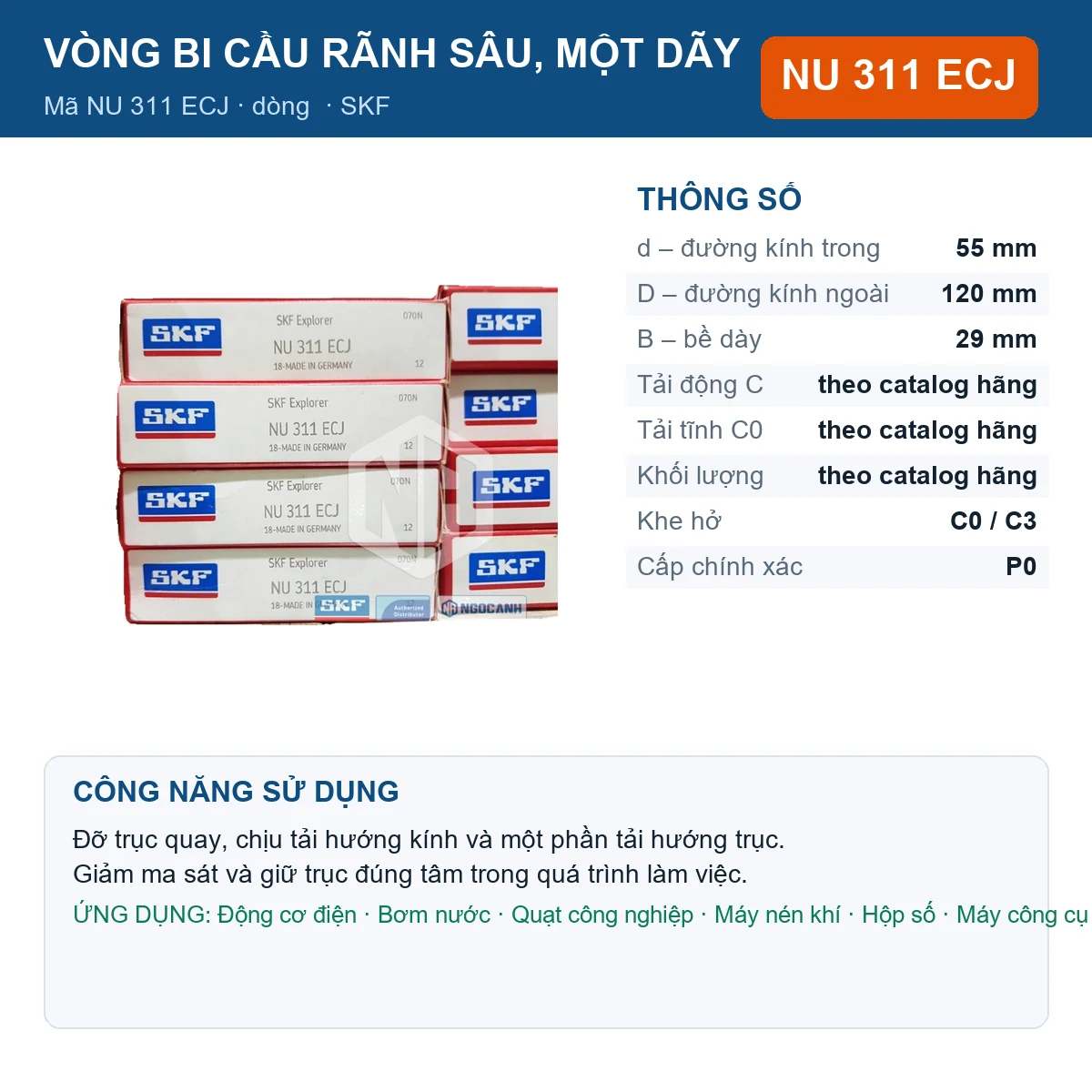 Vòng bi SKF NU 311 ECJ — kích thước 55x120x29mm
