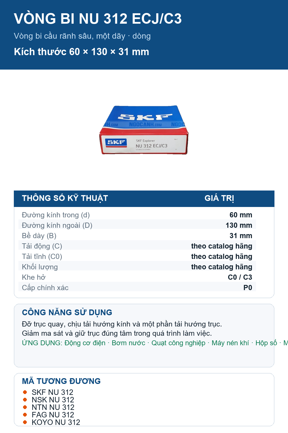 Vòng bi SKF NU 312 ECJ/C3 60x130x31mm — Ảnh thông số (Pinterest)