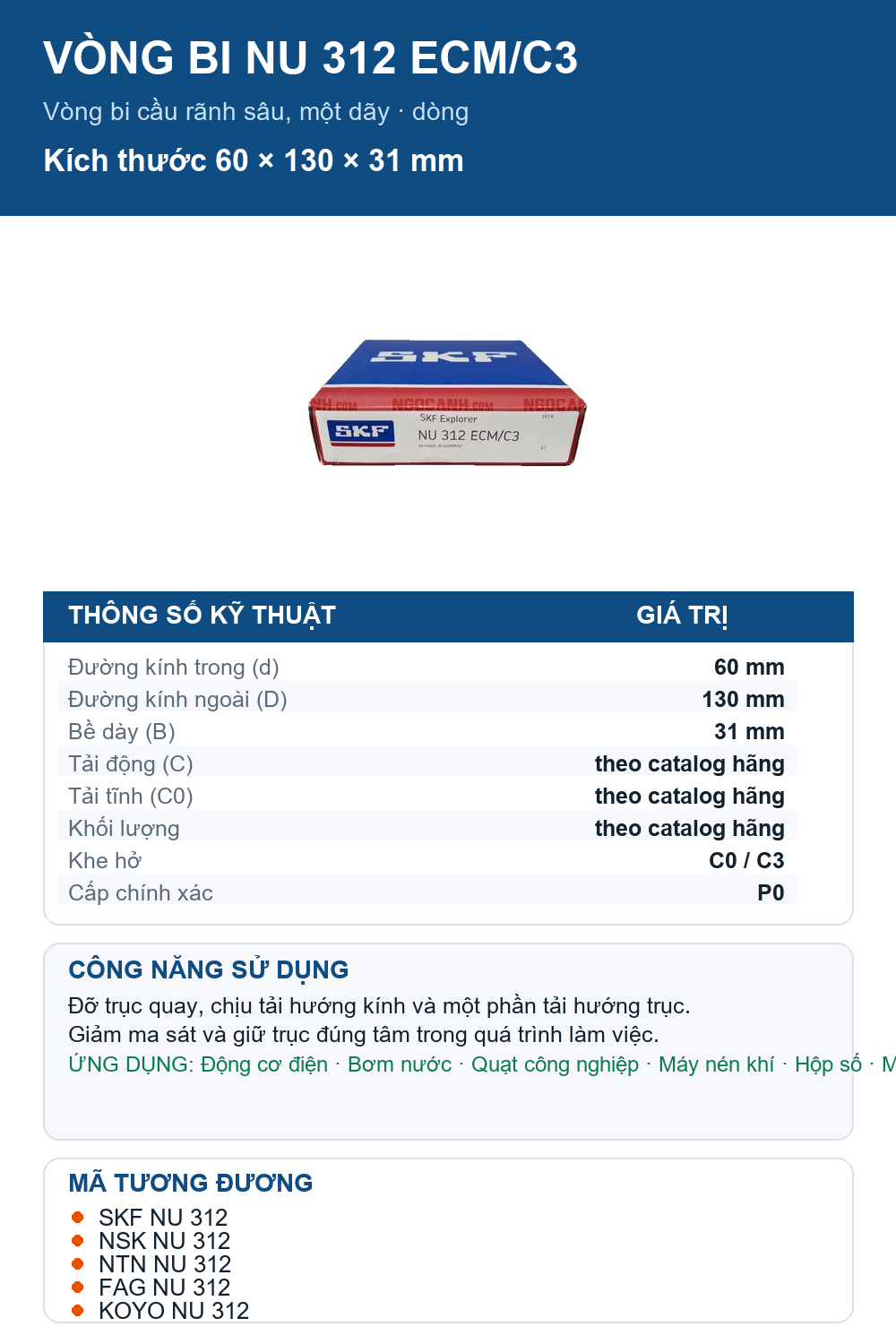 Vòng bi SKF NU 312 ECM/C3 60x130x31mm — Ảnh thông số (Pinterest)