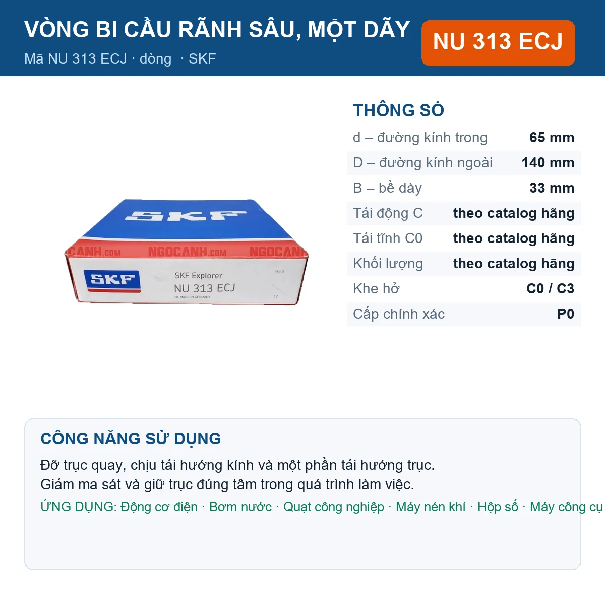 Vòng bi SKF NU 313 ECJ — kích thước 65x140x33mm