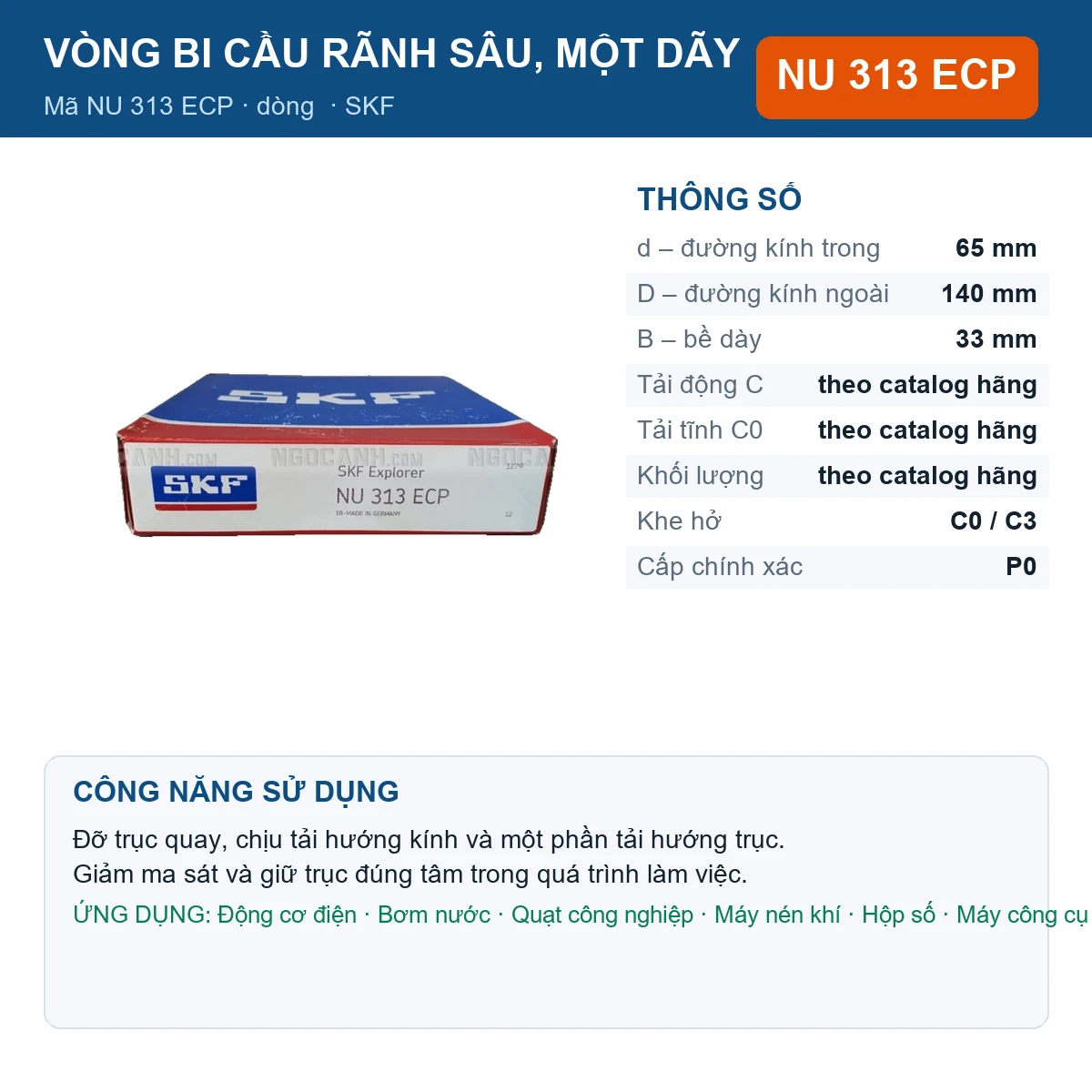Vòng bi SKF NU 313 ECP — kích thước 65x140x33mm