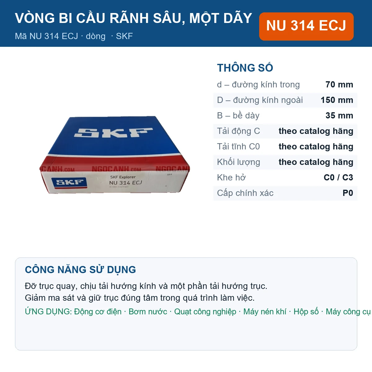 Vòng bi SKF NU 314 ECJ — kích thước 70x150x35mm