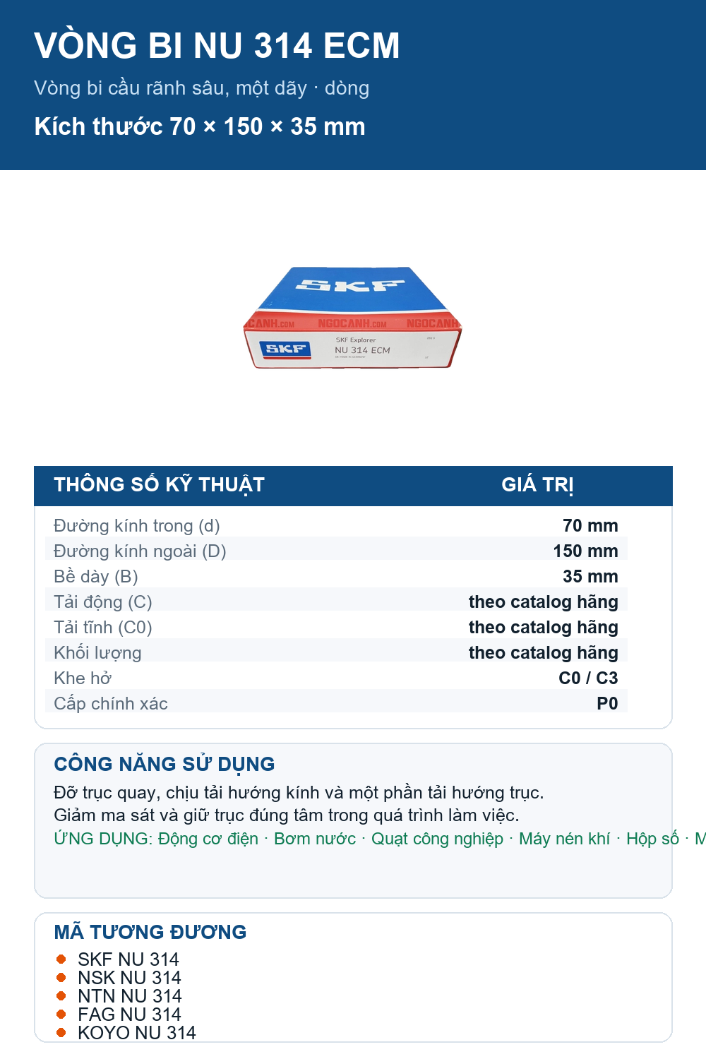 Vòng bi SKF NU 314 ECM 70x150x35mm — Ảnh thông số (Pinterest)