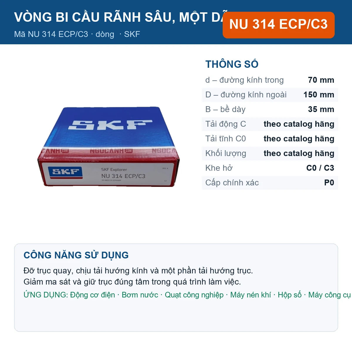 Vòng bi SKF NU 314 ECP/C3 — kích thước 70x150x35mm