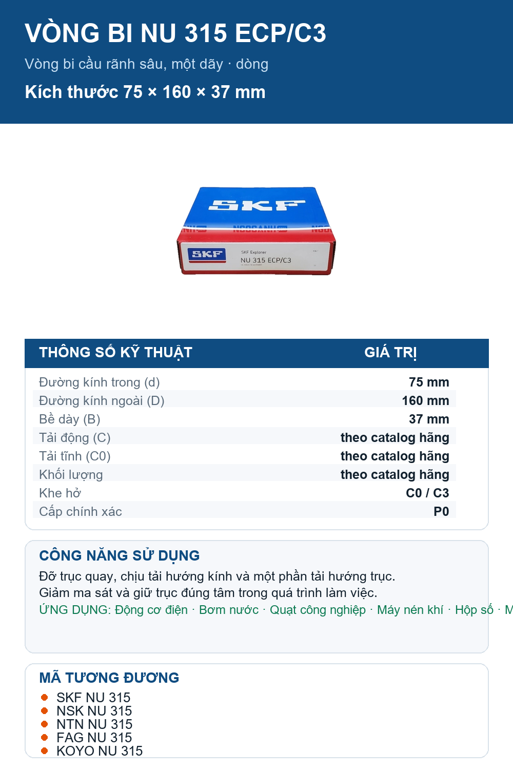 Vòng bi SKF NU 315 ECP/C3 75x160x37mm — Ảnh thông số (Pinterest)
