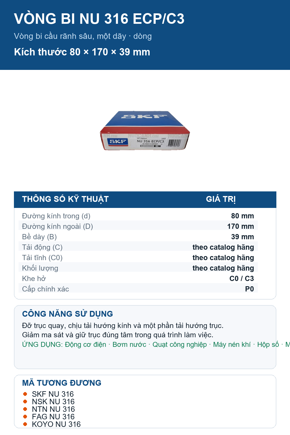 Vòng bi SKF NU 316 ECP/C3 80x170x39mm — Ảnh thông số (Pinterest)