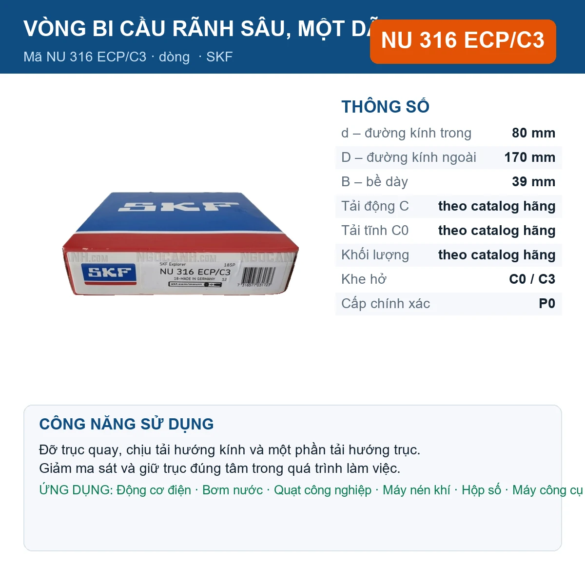 Vòng bi SKF NU 316 ECP/C3 — kích thước 80x170x39mm