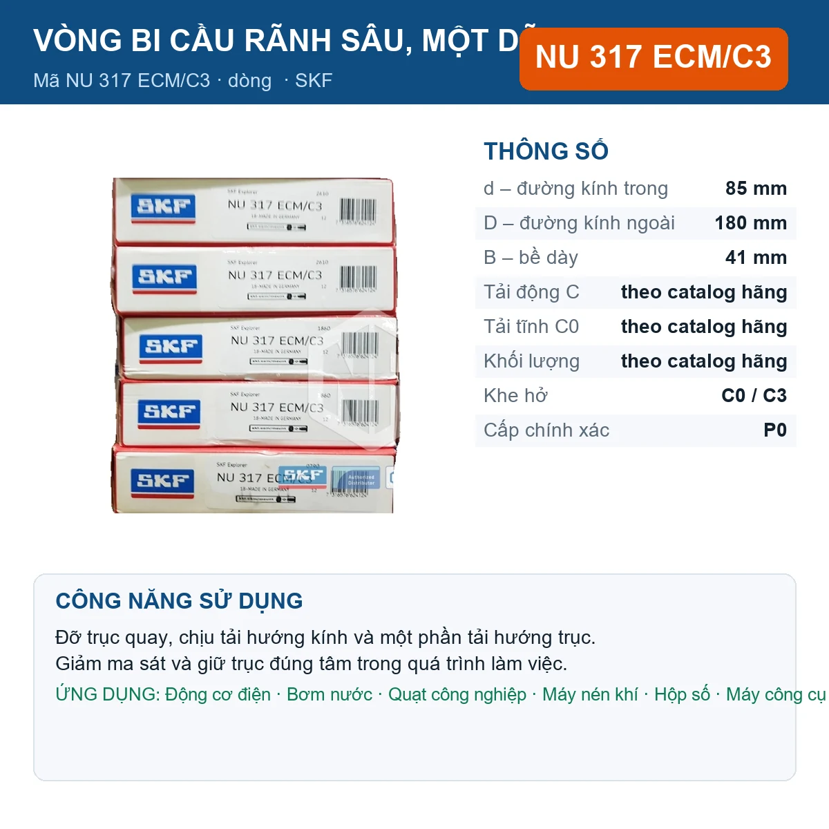 Vòng bi SKF NU 317 ECM/C3 — kích thước 85x180x41mm