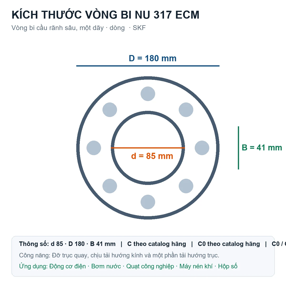 Vòng bi SKF NU 317 ECM 85x180x41mm — Bản vẽ kích thước (Google Images)