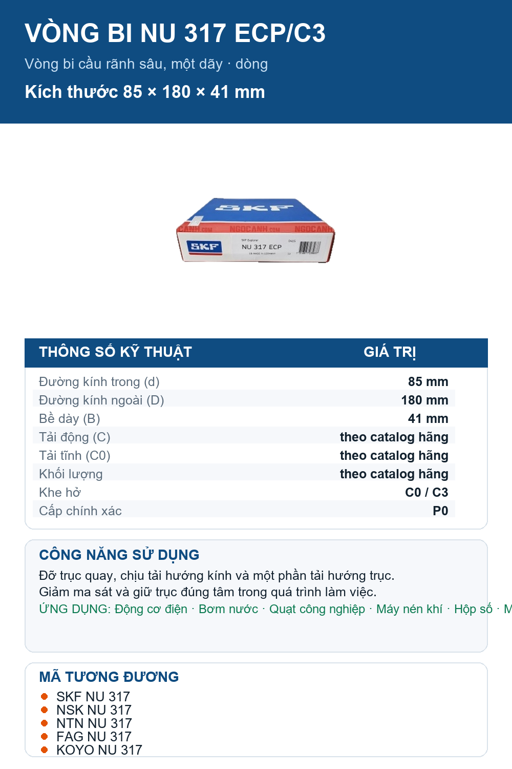 Vòng bi SKF NU 317 ECP/C3 85x180x41mm — Ảnh thông số (Pinterest)