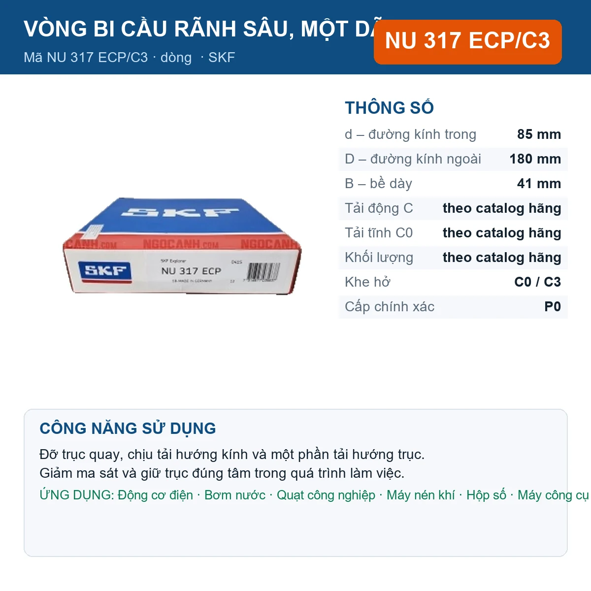Vòng bi SKF NU 317 ECP/C3 — kích thước 85x180x41mm