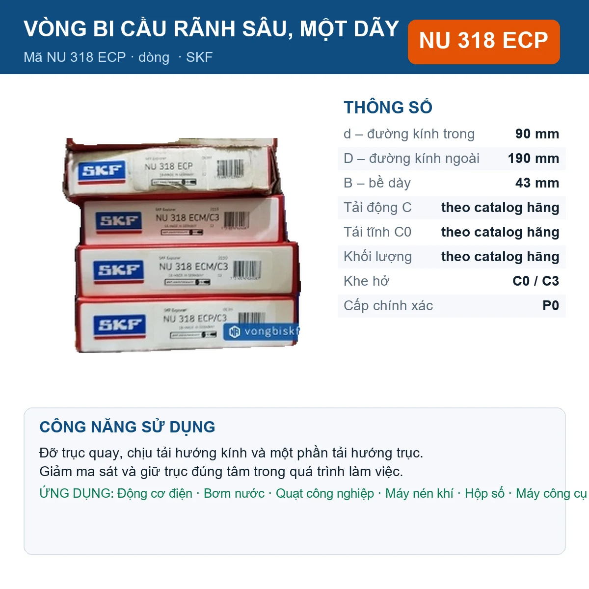 Vòng bi SKF NU 318 ECP — kích thước 90x190x43mm