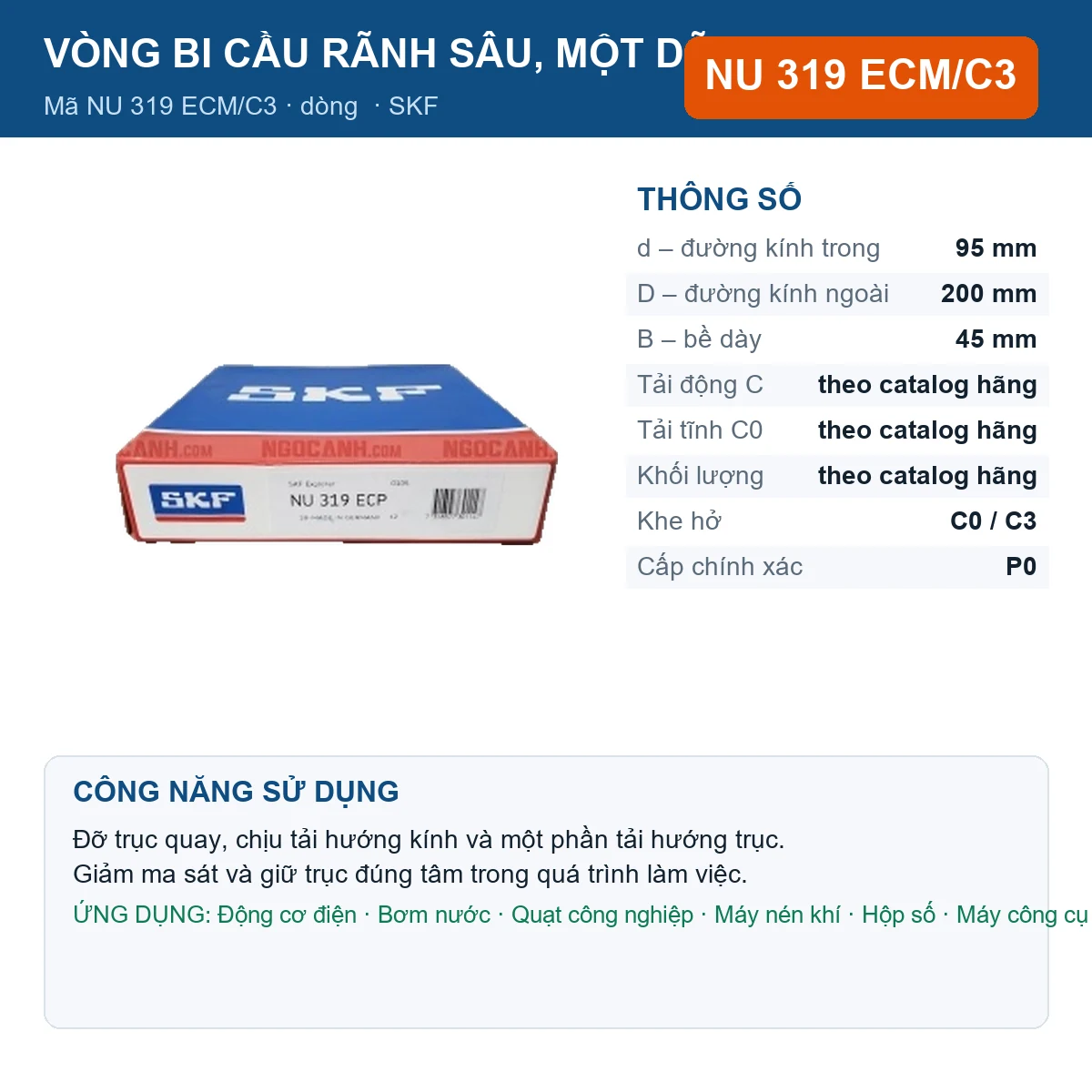 Vòng bi SKF NU 319 ECM/C3 — kích thước 95x200x45mm