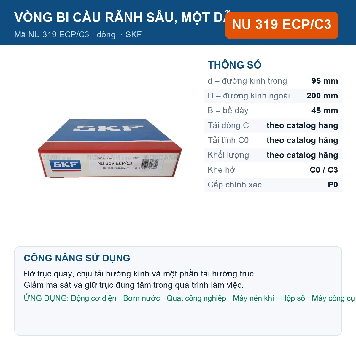 Vòng bi SKF NU 319 ECP/C3 — kích thước 95x200x45mm