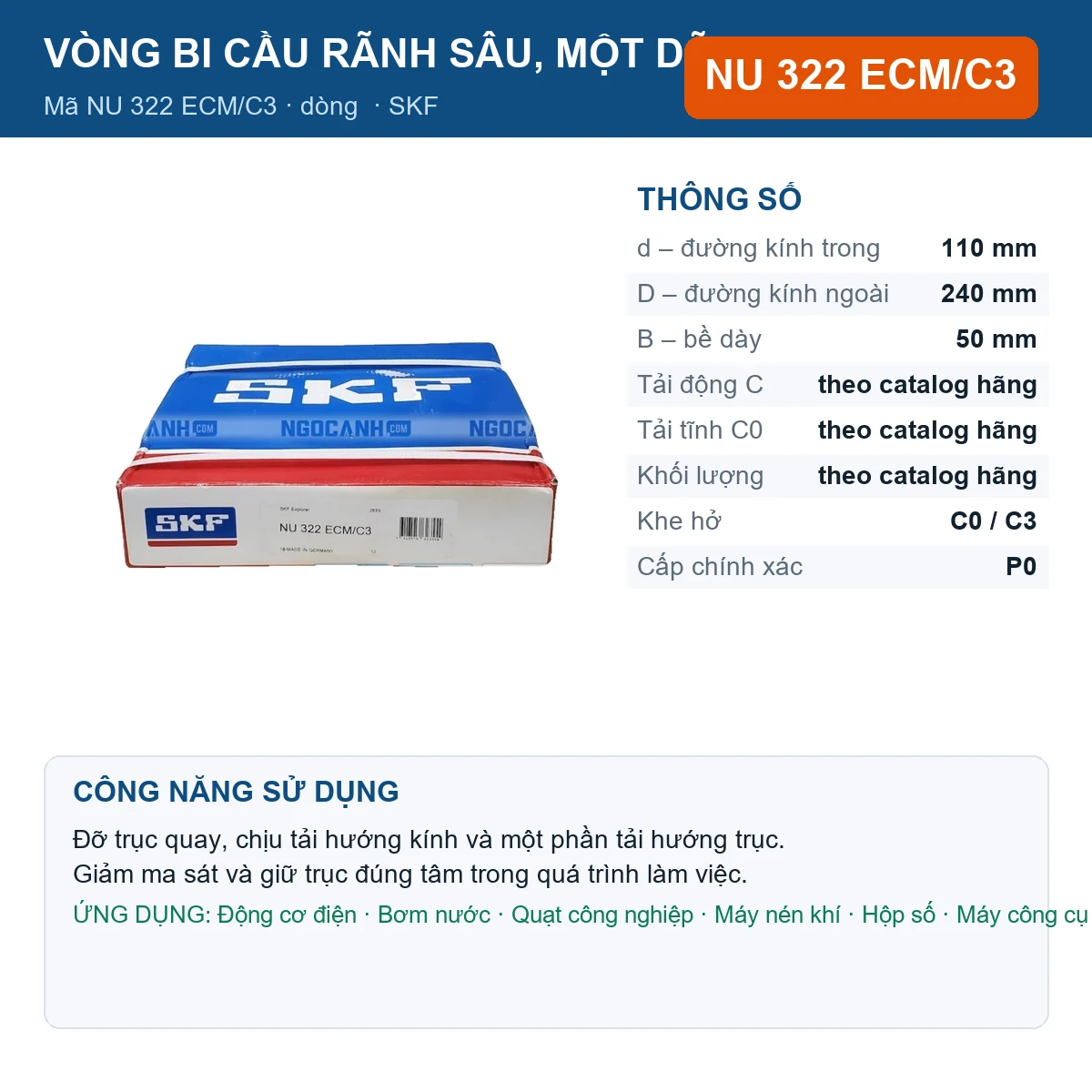 Vòng bi SKF NU 322 ECM/C3 — kích thước 110x240x50mm
