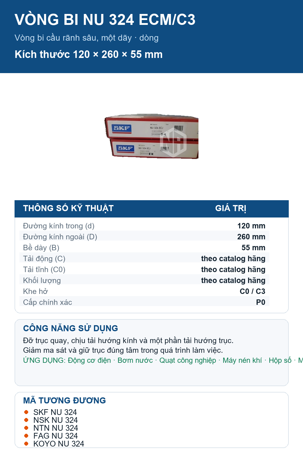 Vòng bi SKF NU 324 ECM/C3 120x260x55mm — Ảnh thông số (Pinterest)