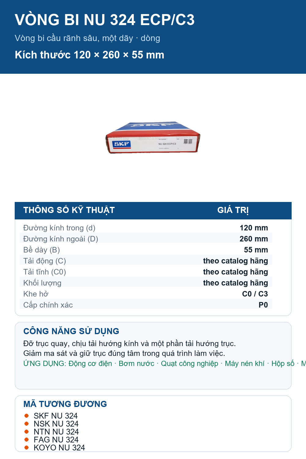 Vòng bi SKF NU 324 ECP/C3 120x260x55mm — Ảnh thông số (Pinterest)