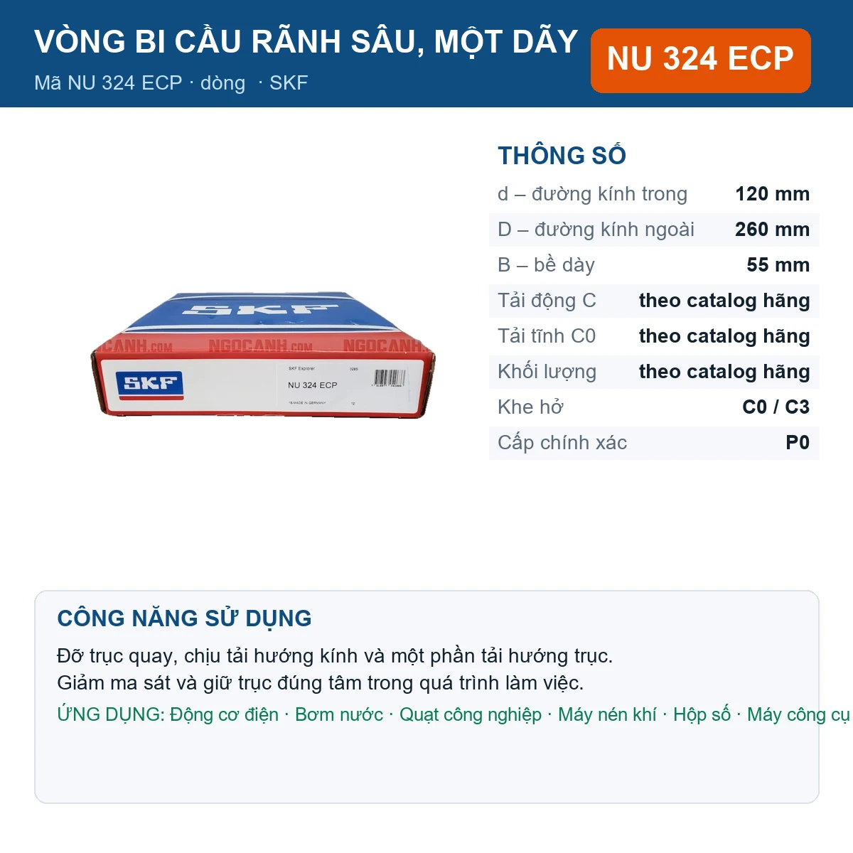 Vòng bi SKF NU 324 ECP — kích thước 120x260x55mm