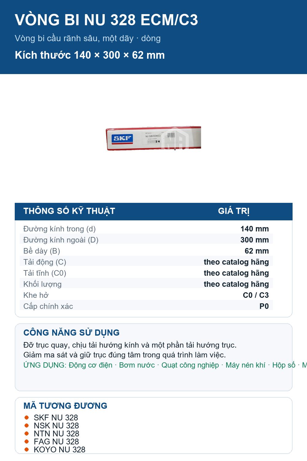 Vòng bi SKF NU 328 ECM/C3 140x300x62mm — Ảnh thông số (Pinterest)