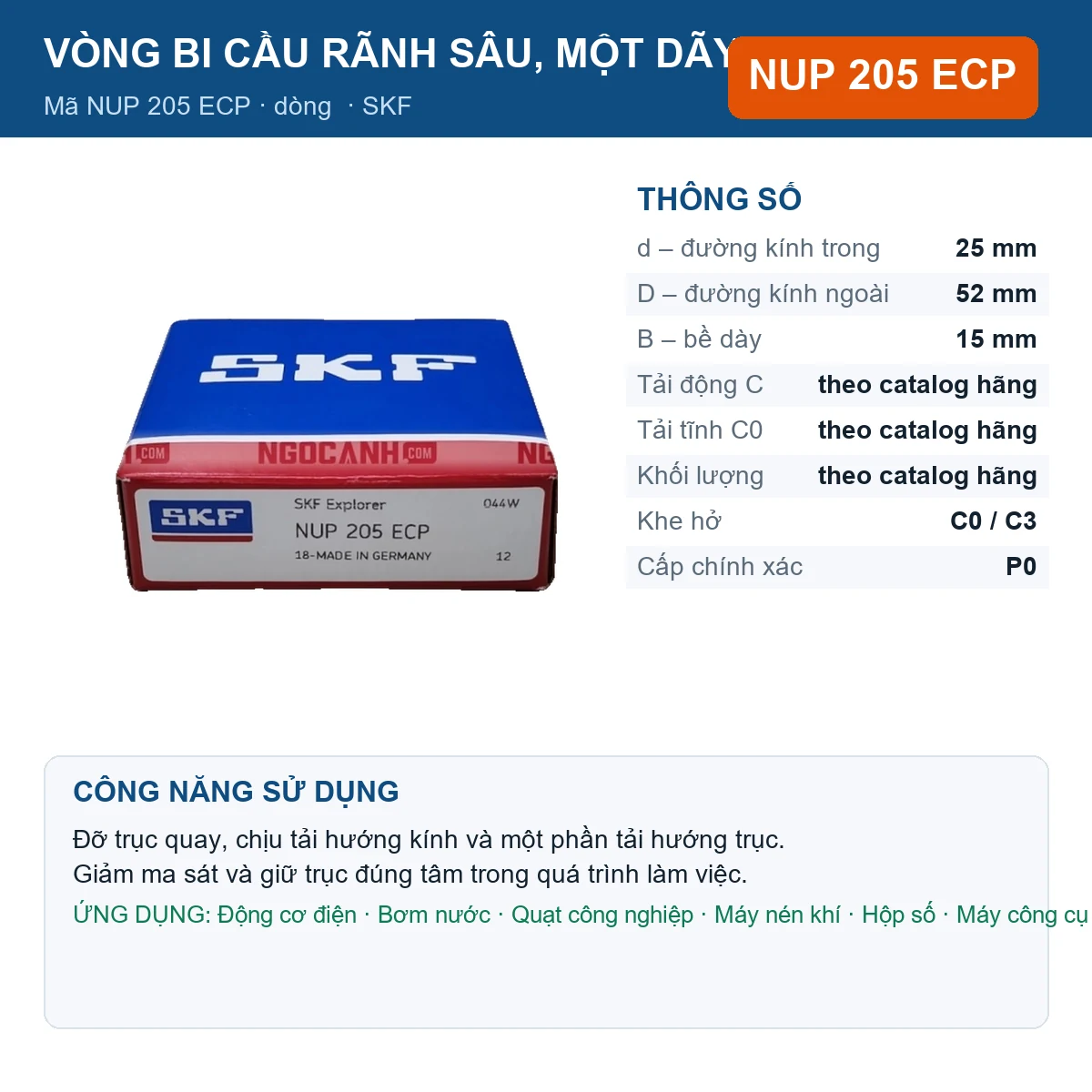 Vòng bi SKF NUP 205 ECP 25x52x15mm — Ảnh đăng sản phẩm (web)